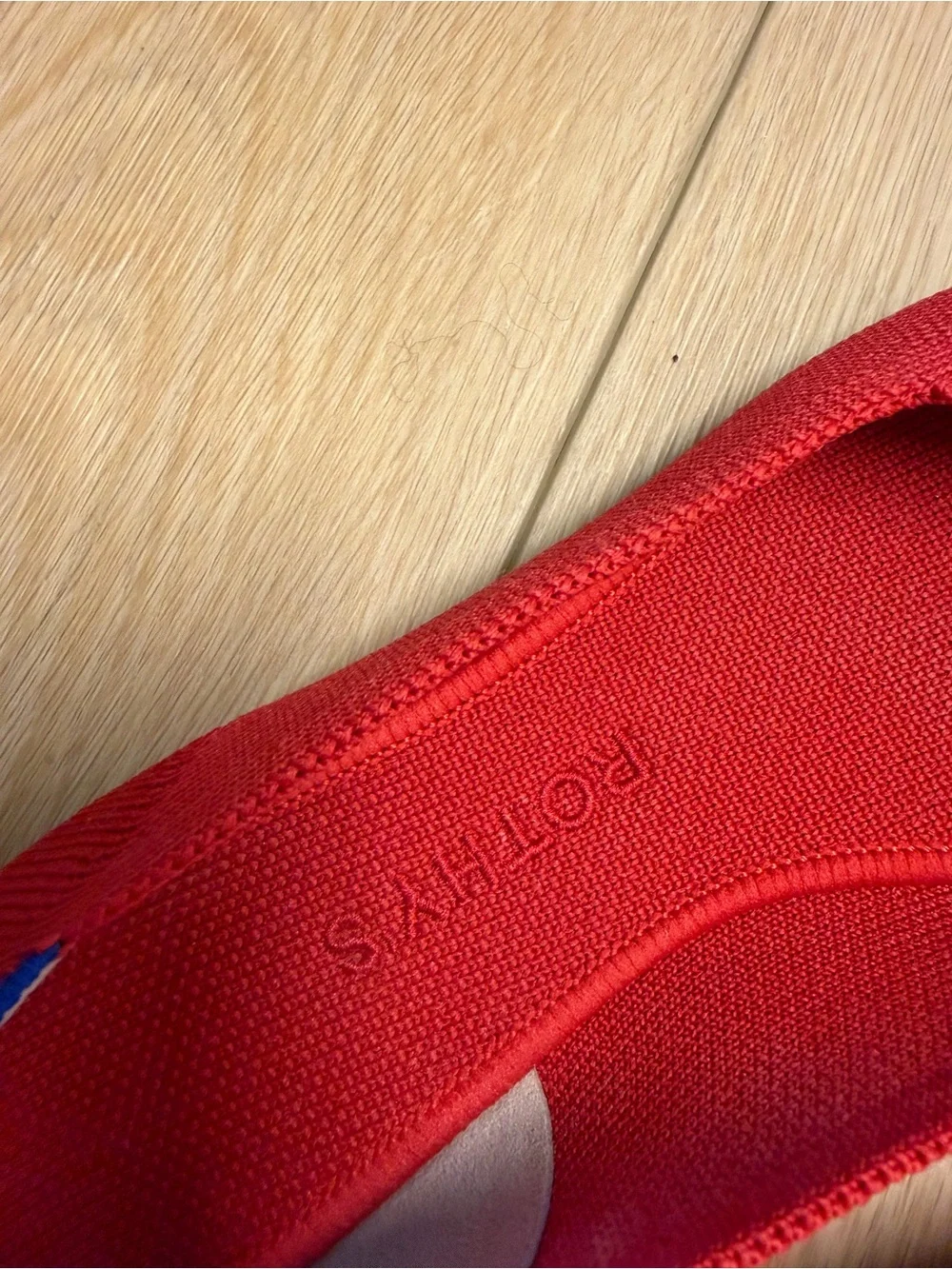 Rothy's Red Pointed Knit Flats with Blue Trim